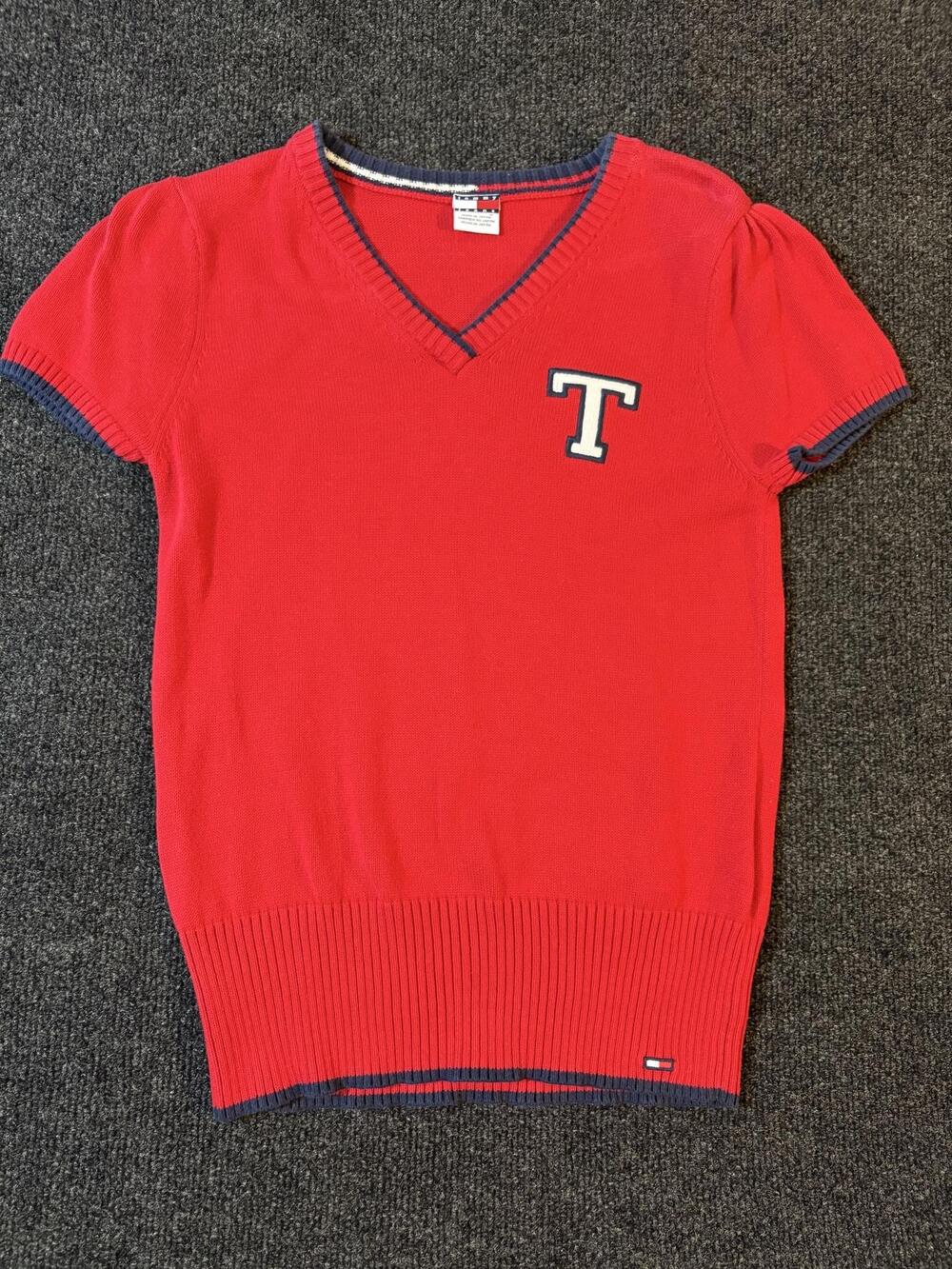 Tommy Jeans Sweater Womens M Red V Neck Short Sleeve Puff Logo Cotton Knit